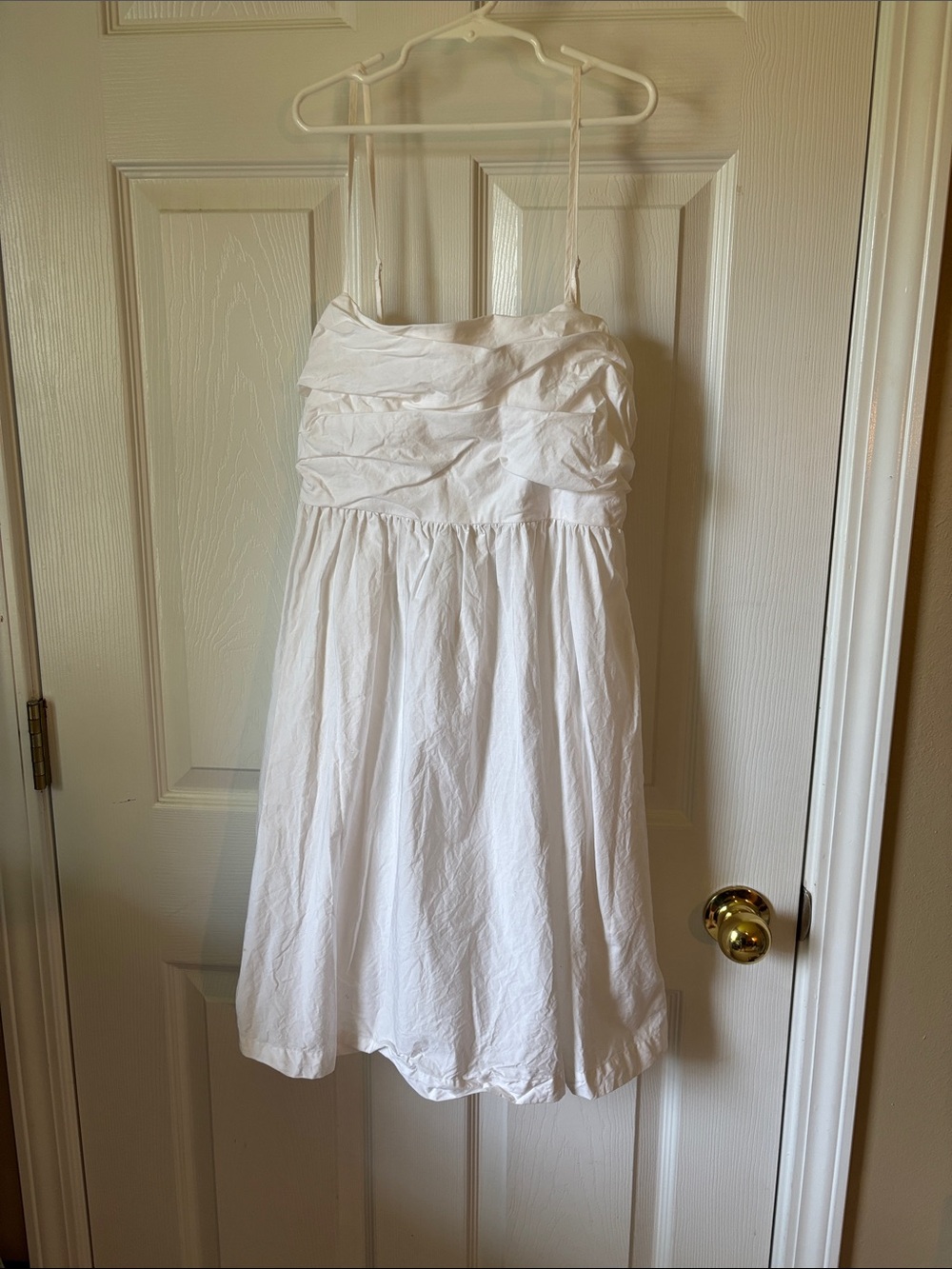 NEW DAY White Cotton Mini Dress | Ruched Bodice, Pockets & Adjustable Straps | S